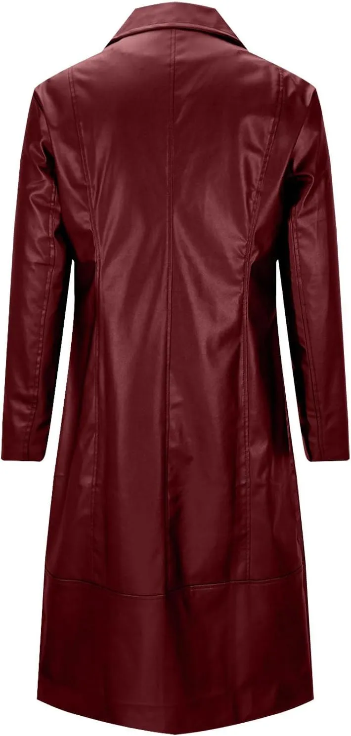 Men's Leather Trench Coat Full Length Single Breasted Windbreaker Jacket Long Overcoat