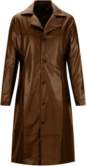 Men's Leather Trench Coat Full Length Single Breasted Windbreaker Jacket Long Overcoat