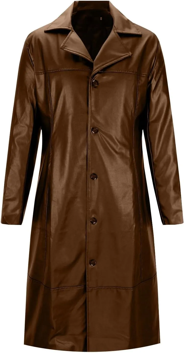 Men's Leather Trench Coat Full Length Single Breasted Windbreaker Jacket Long Overcoat