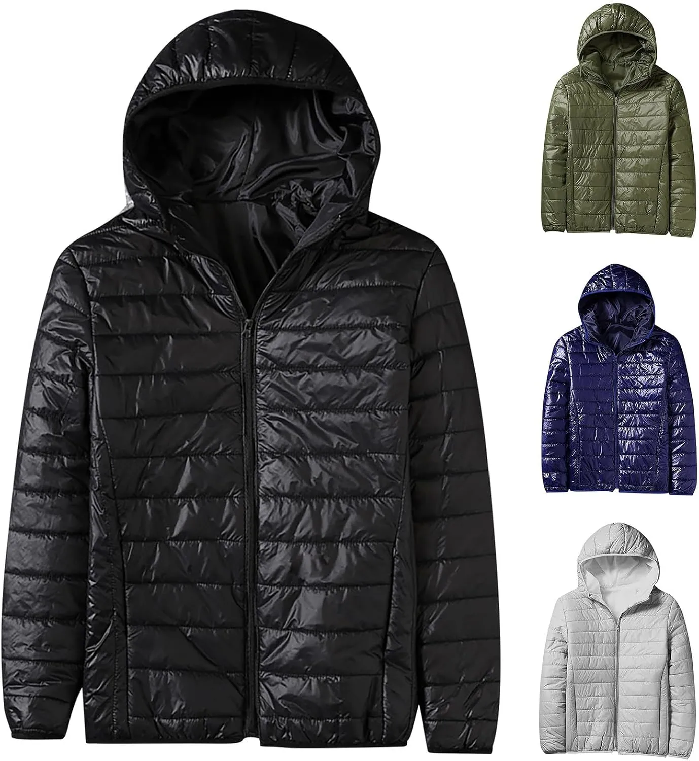 Mens Lightweight Down Jackets with Hood Zip Up Warm Winter Padded Puffer Jacket Packable Bubble Coats Quilted Outwear