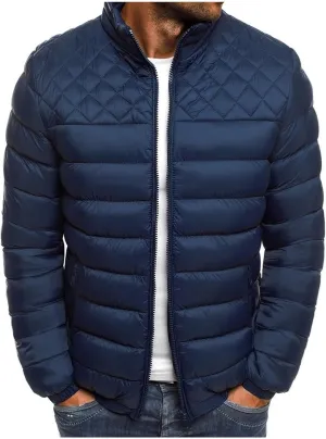 Men's Lightweight Quilted Jacket Solid Color Loose Jacket Stand Collar Zipper Cotton-Padded Coat Warm Fall Winter