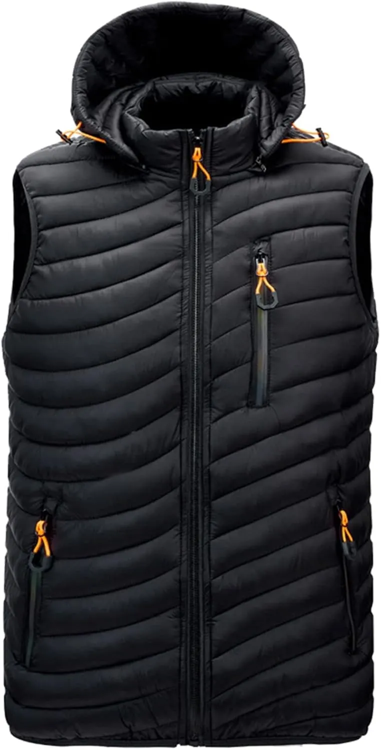 Men's Lightweight Vest with Hood Cotton-Padded Jacket Zipper Casual Warm Winter Outdoor Coat