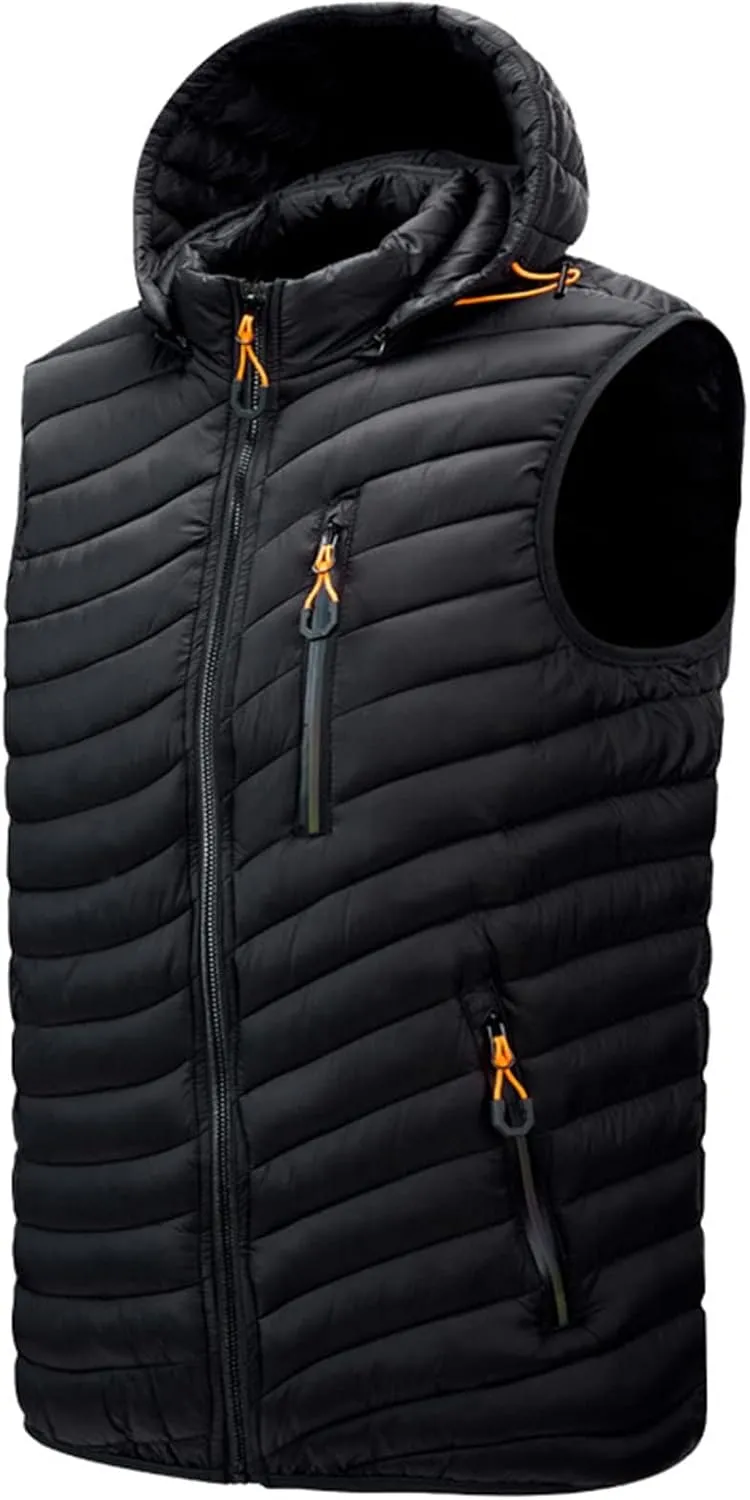 Men's Lightweight Vest with Hood Cotton-Padded Jacket Zipper Casual Warm Winter Outdoor Coat
