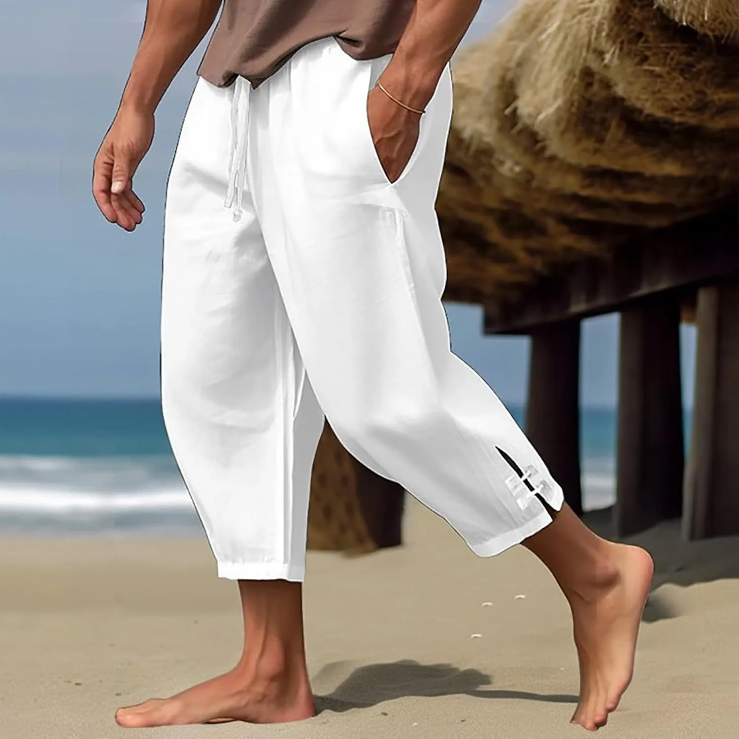 Men's Linen Casual Harem Capri Pants Lightweight Loose 3/4 Shorts Drawstring Elastic Waist Hippie Beach Yoga Trousers