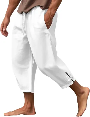 Men's Linen Casual Harem Capri Pants Lightweight Loose 3/4 Shorts Drawstring Elastic Waist Hippie Beach Yoga Trousers