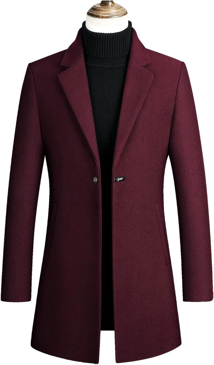 Mens Mid Length Trench Coat Big and Tall Wool Trench Coat Zip Up Pea Coat Slim Fit Lapel Jacket with Pockets