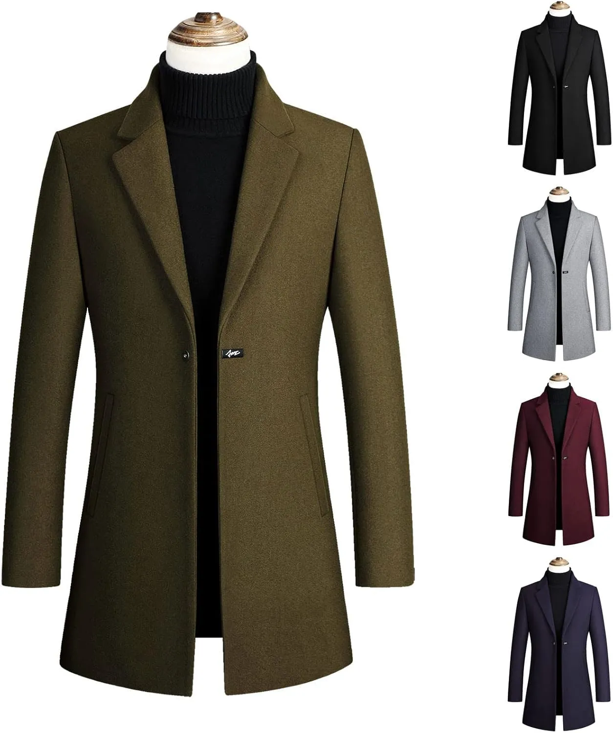 Mens Mid Length Trench Coat Big and Tall Wool Trench Coat Zip Up Pea Coat Slim Fit Lapel Jacket with Pockets
