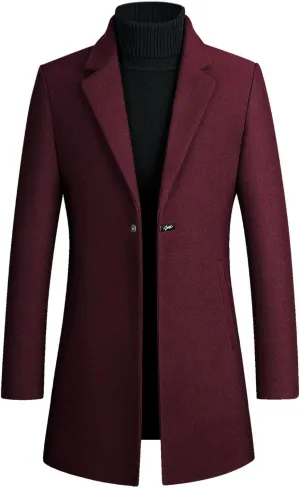 Mens Mid Length Trench Coat Big and Tall Wool Trench Coat Zip Up Pea Coat Slim Fit Lapel Jacket with Pockets