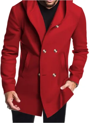 Mens Mid Long Hooded Coat Trench Coat Fleece Lining Wool Blend Cardigan Jacket Business Casual Fashion Overcoat