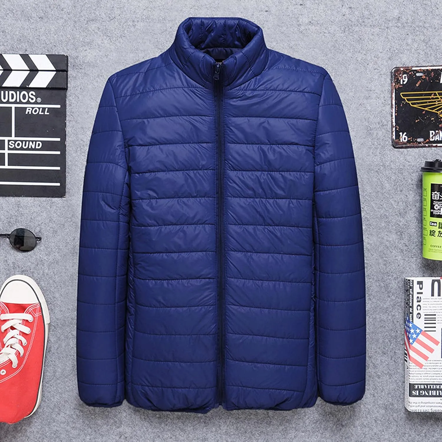 Men's Puffer Jacket Lightweight Packable Down Coat Stand Collar Quilted Jacket Plus Size Warm Casual Winter Jacket