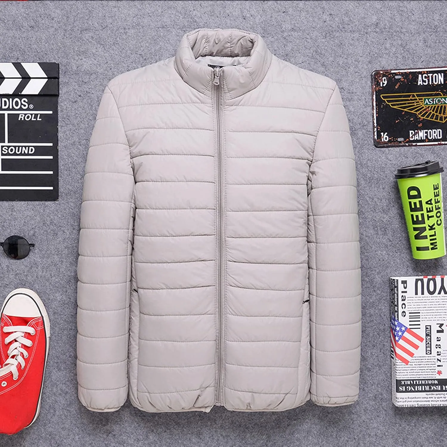 Men's Puffer Jacket Lightweight Packable Down Coat Stand Collar Quilted Jacket Plus Size Warm Casual Winter Jacket