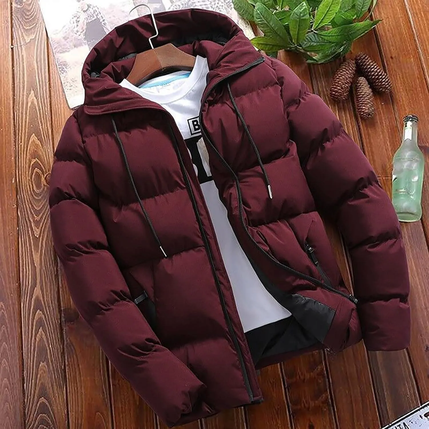 Mens Puffer Jacket Lightweight Packable Winter Coat with Hood Full Zip Thicken Insulated Running Travel Puffy Jackets