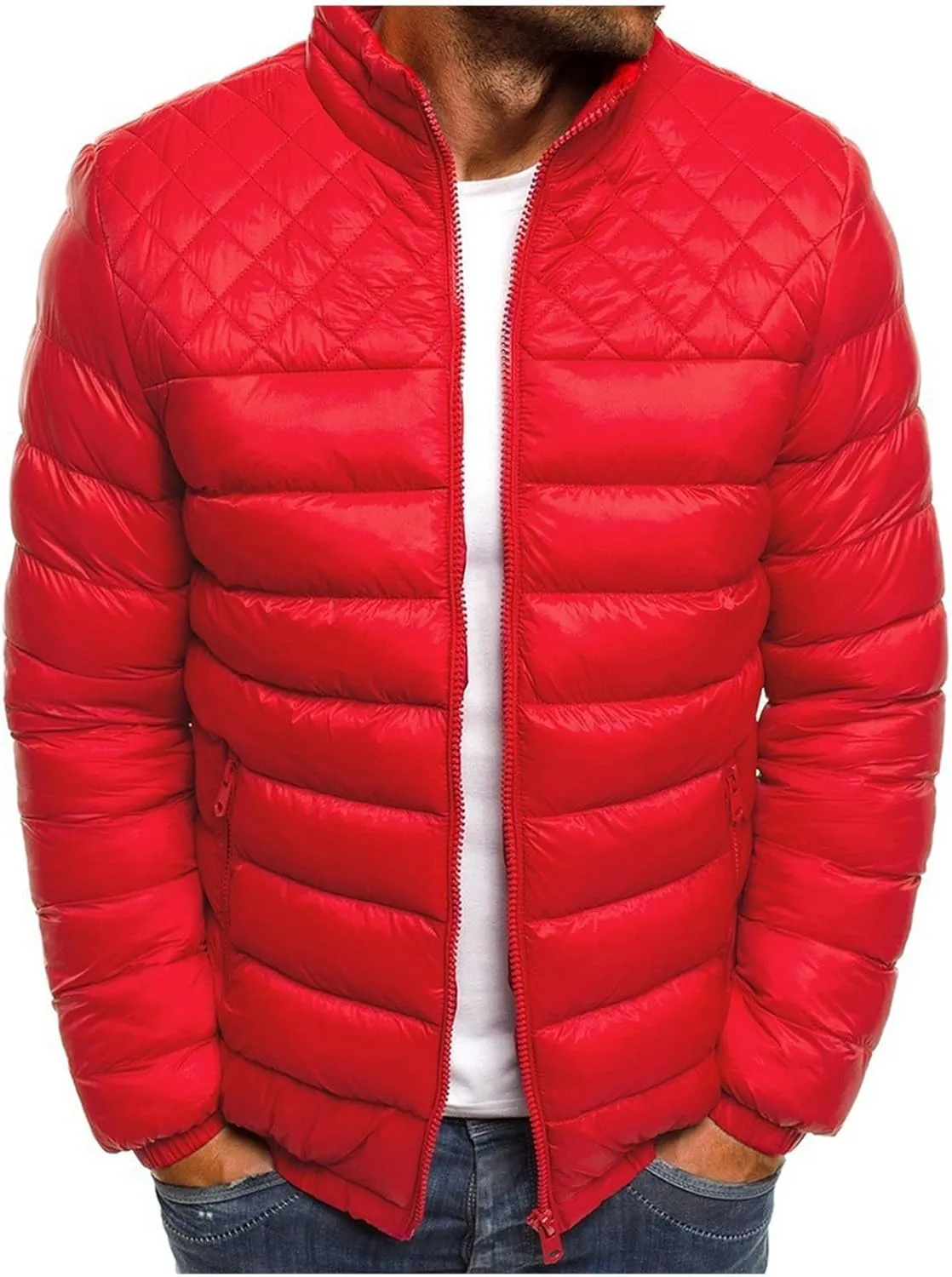 Mens Quilted Puffer Jackets Full Zip Casual Lightweight Coats Cotton Padded Down Jacket Warm Thick Thermal Outwear