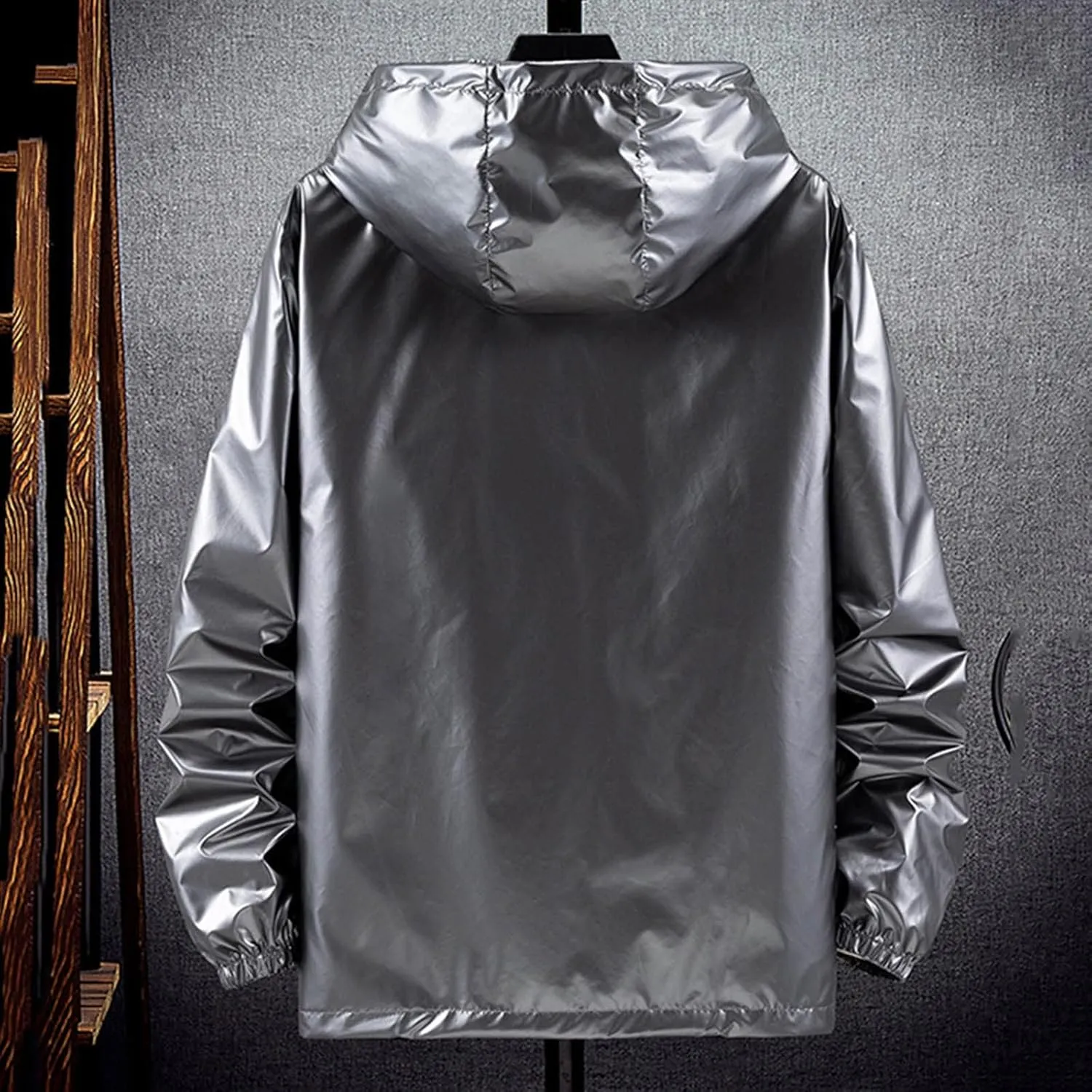 Men's Reflective Trench Jacket Windbreaker Jackets with Hood Lightweight Loose Fit Long Rain Coats Outdoor Jackets