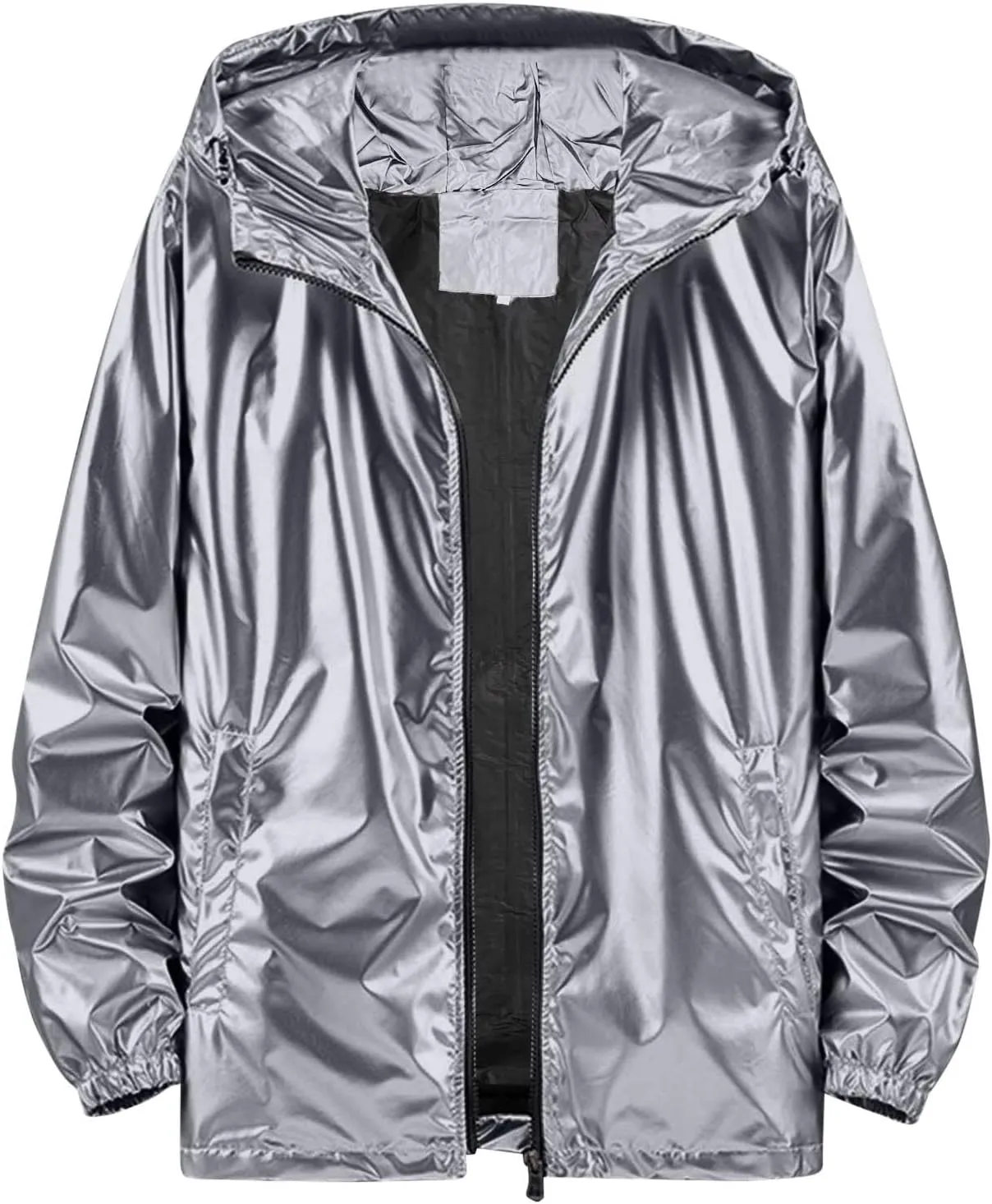 Men's Reflective Trench Jacket Windbreaker Jackets with Hood Lightweight Loose Fit Long Rain Coats Outdoor Jackets
