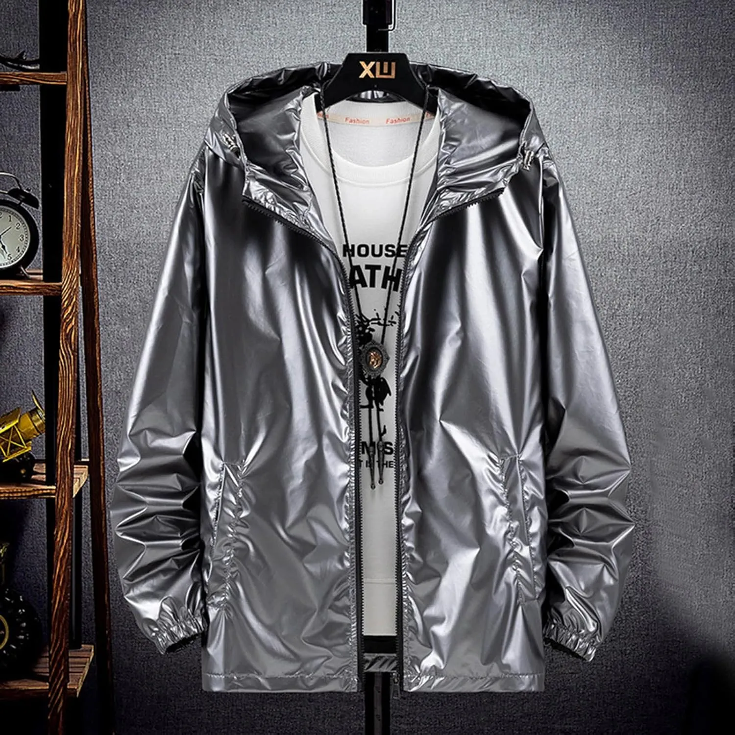 Men's Reflective Trench Jacket Windbreaker Jackets with Hood Lightweight Loose Fit Long Rain Coats Outdoor Jackets