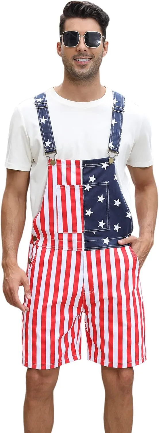 Mens Rompers American Flag Jumpsuits 4th of July Jean Overalls with Zipper Fly Bro Outfits