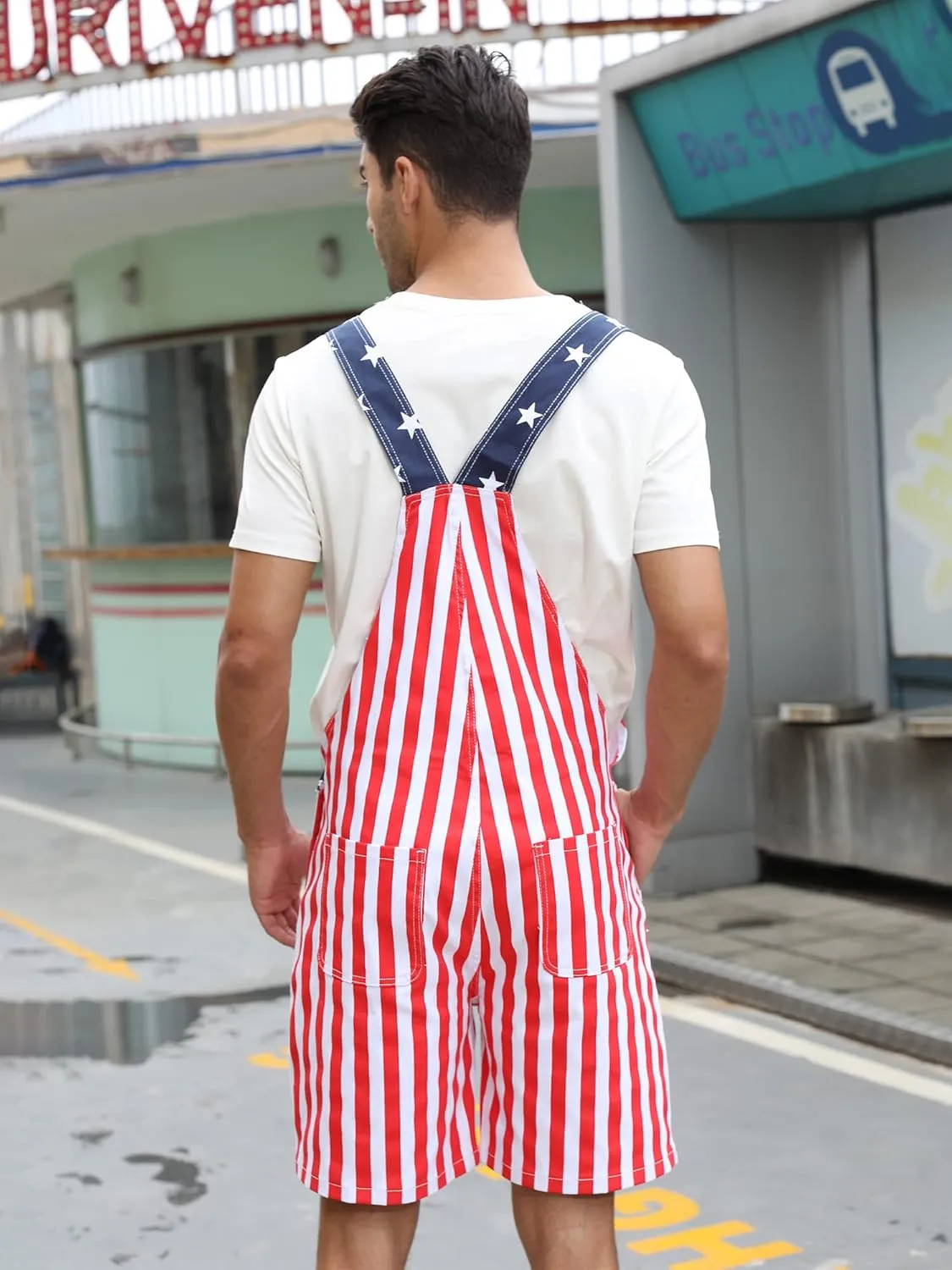 Mens Rompers American Flag Jumpsuits 4th of July Jean Overalls with Zipper Fly Bro Outfits
