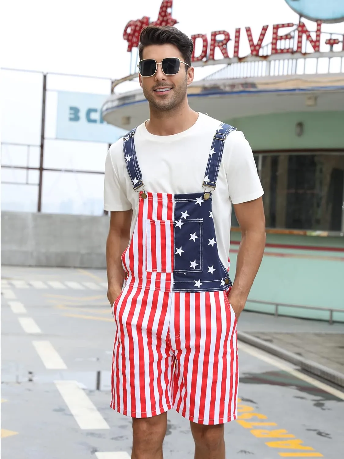 Mens Rompers American Flag Jumpsuits 4th of July Jean Overalls with Zipper Fly Bro Outfits