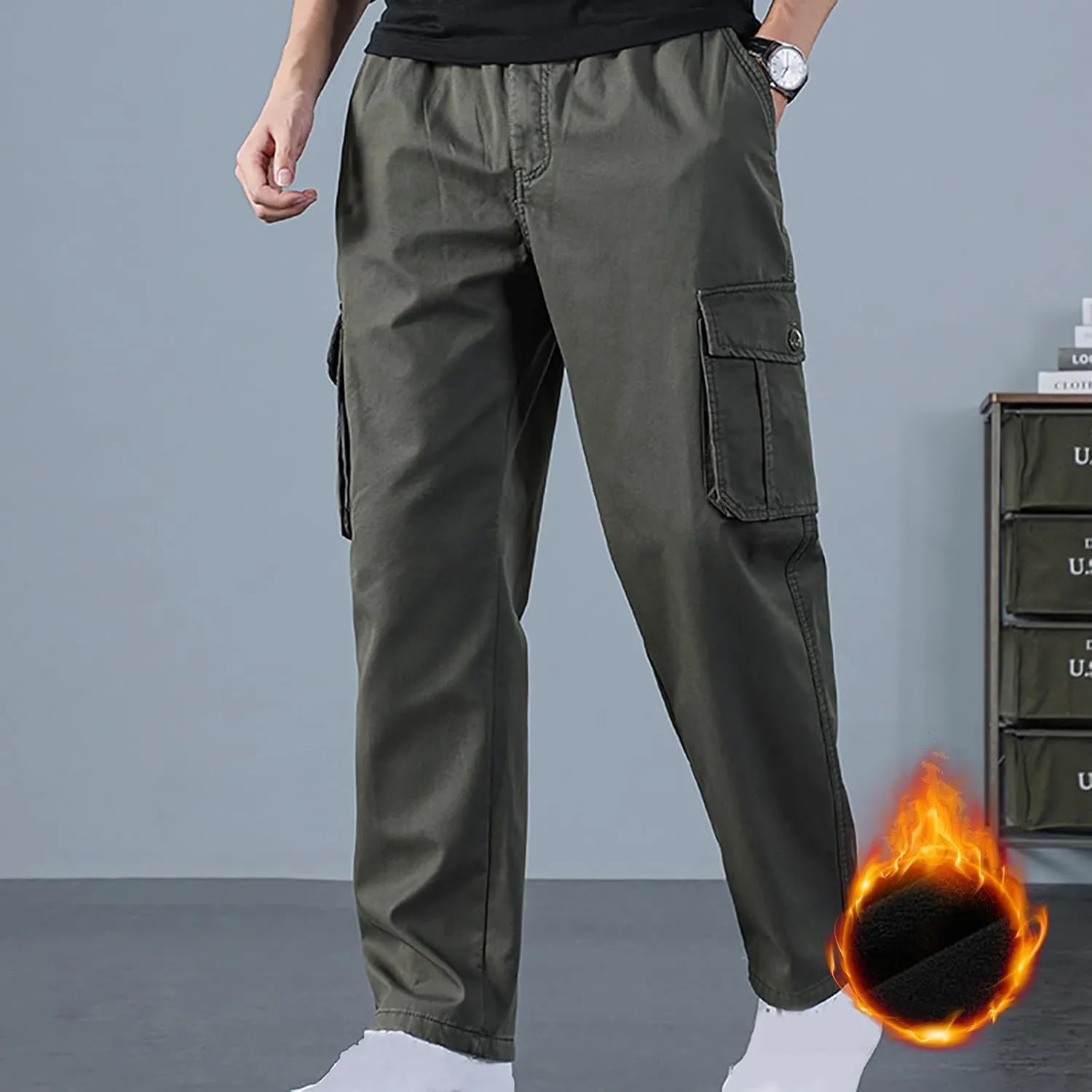 Men's Sherpa Fleece Lined Cargo Pant Outdoor Casual Military Combat Work Ski Hiking Pants Thermal Hiking Pants Winter