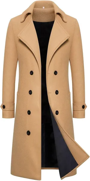 Men's Slim Fit Winter Pea Coat Notched Collar Wool Blend Trench Overcoat with Pockets