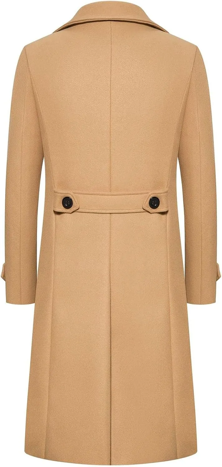 Men's Slim Fit Winter Pea Coat Notched Collar Wool Blend Trench Overcoat with Pockets
