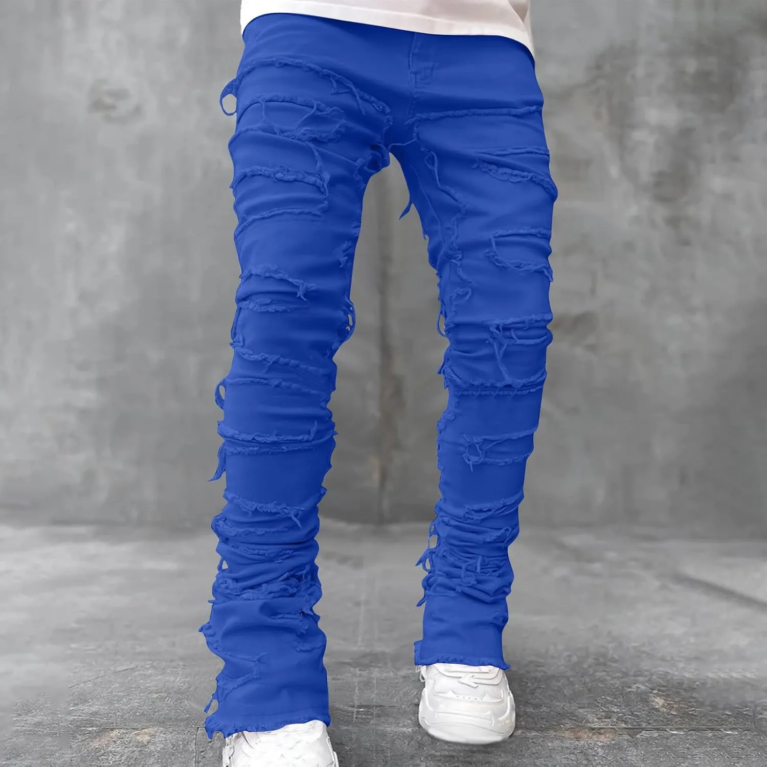 Mens Stacked Slim Fit Ripped Pants Skinny Stretch Distressed Straight Destroyed Fashion Streetwear Hip Hop Trousers
