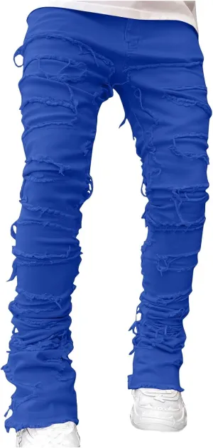 Mens Stacked Slim Fit Ripped Pants Skinny Stretch Distressed Straight Destroyed Fashion Streetwear Hip Hop Trousers