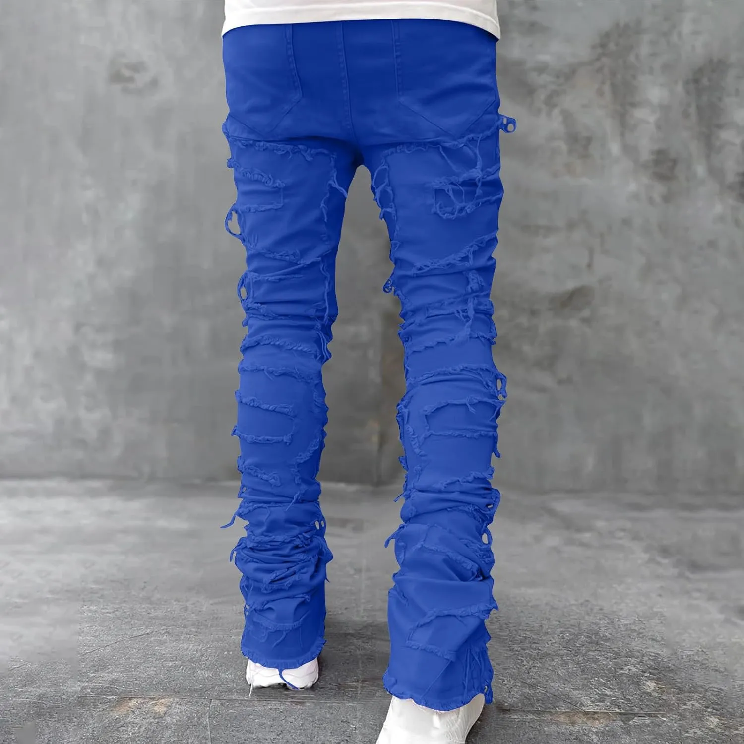 Mens Stacked Slim Fit Ripped Pants Skinny Stretch Distressed Straight Destroyed Fashion Streetwear Hip Hop Trousers