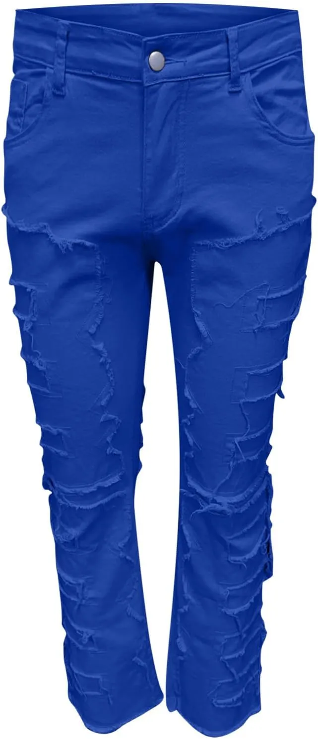 Mens Stacked Slim Fit Ripped Pants Skinny Stretch Distressed Straight Destroyed Fashion Streetwear Hip Hop Trousers