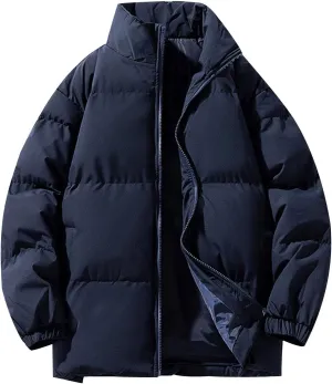 Men's Stand Collar Puffer Jacket Winter Warm Down Coats Cotton Padded Waterproof Outerwear with Pockets