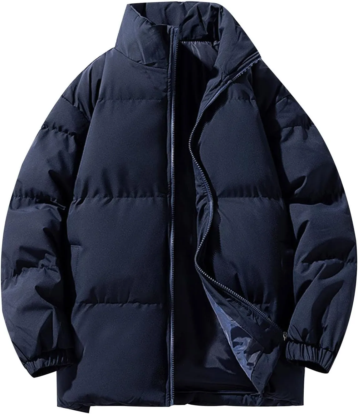Men's Stand Collar Puffer Jacket Winter Warm Down Coats Cotton Padded Waterproof Outerwear with Pockets