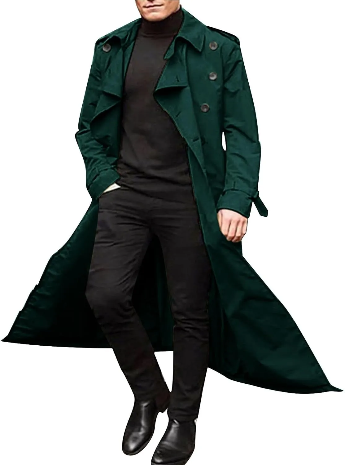 Mens Trench Coat Double Breasted Slim Fit Long Jacket Notched Lapel Belt Fall Casual Windproof Coat Big Tall Jacket