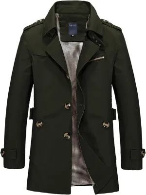 Mens Trench Coat Lapel Relaxed Fit Button Down Stylish Windbreaker Jackets Fall Winter Outdoor Overcoats with Pockets
