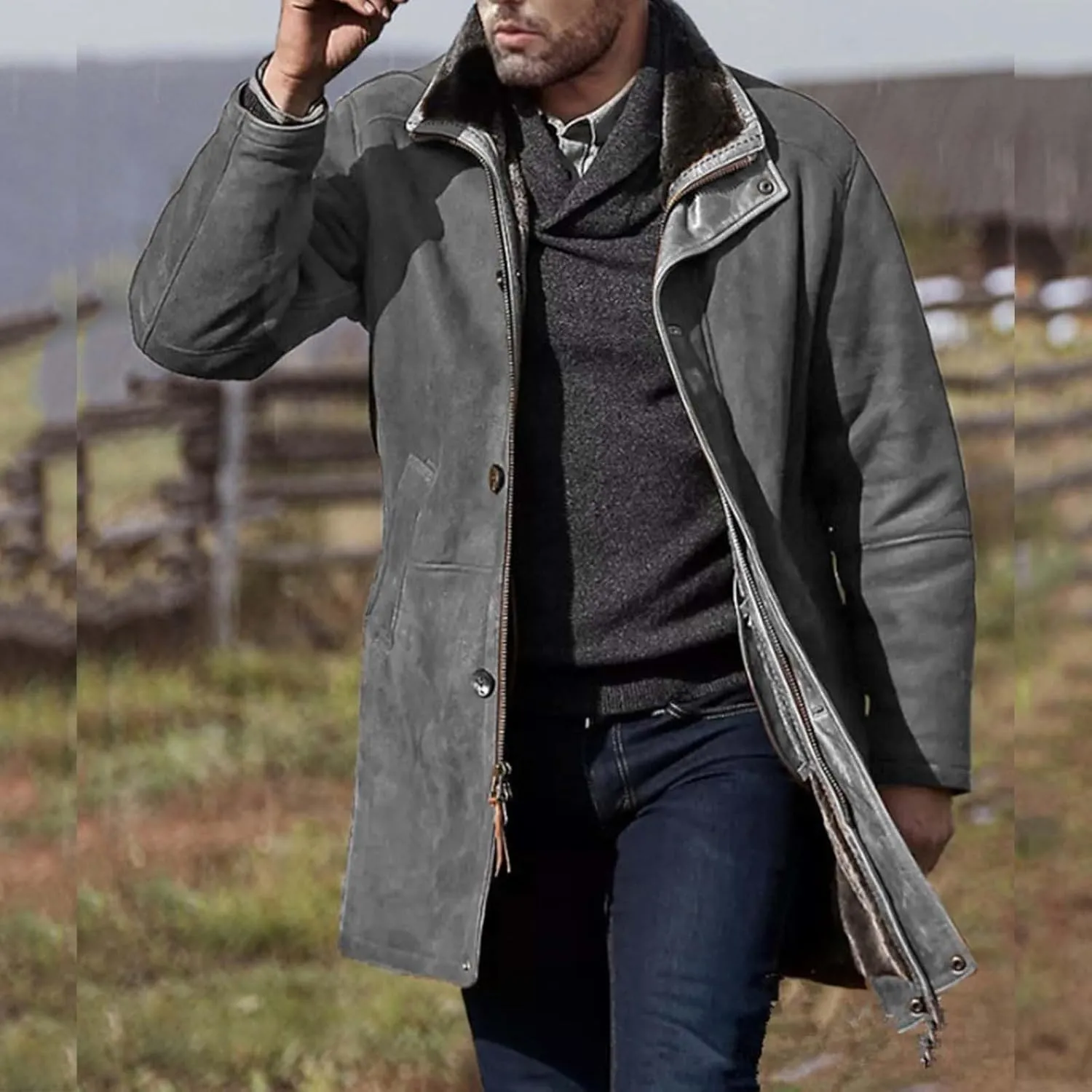 Mens Trench Coat Windbreaker Jackets Lapel Long Sleeve Padded Leather Jacket Vintage Long Pea Coat Winter Warm