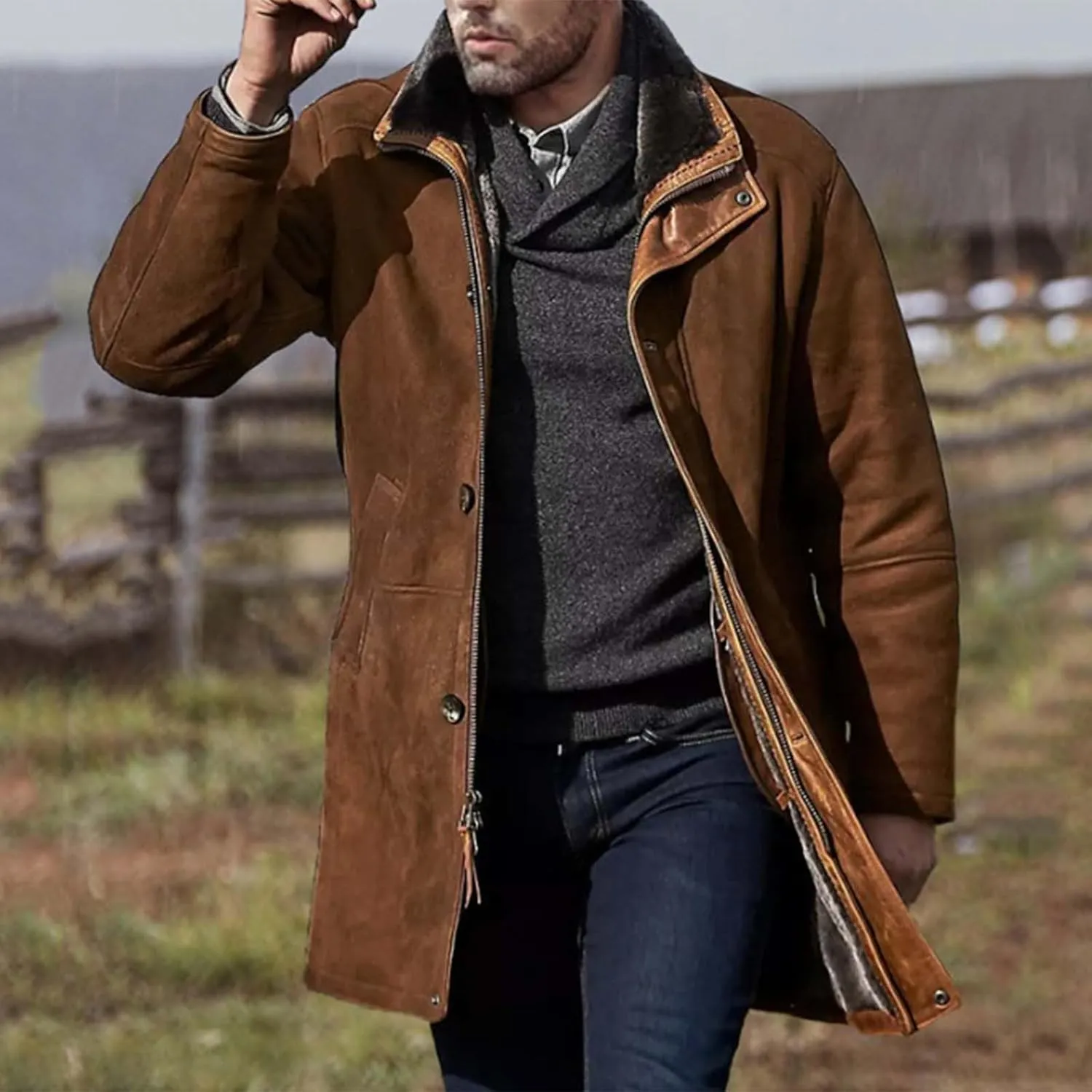 Mens Trench Coat Windbreaker Jackets Lapel Long Sleeve Padded Leather Jacket Vintage Long Pea Coat Winter Warm