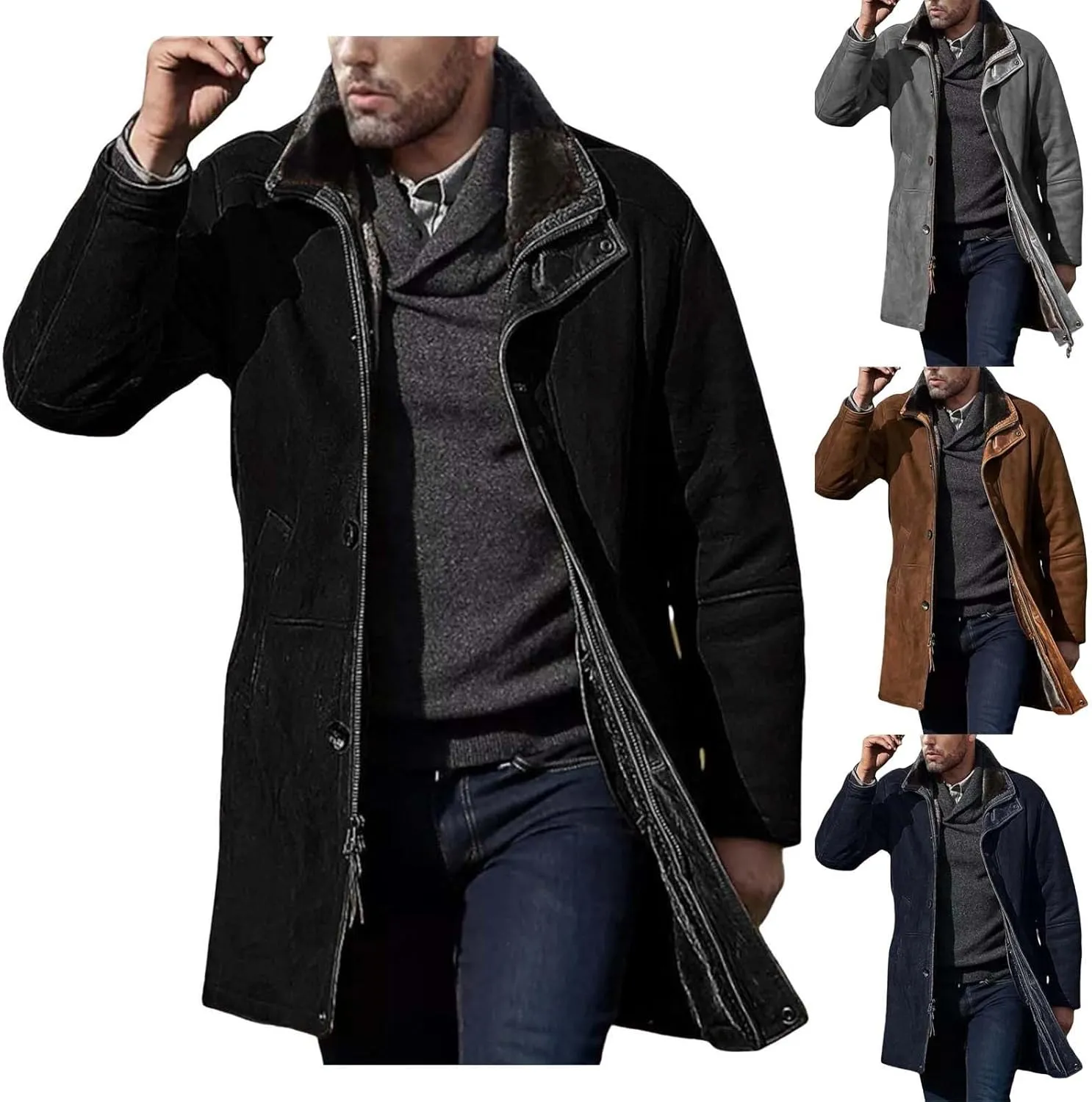 Mens Trench Coat Windbreaker Jackets Lapel Long Sleeve Padded Leather Jacket Vintage Long Pea Coat Winter Warm