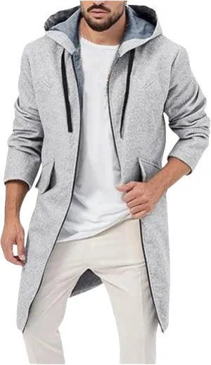 Mens Trench Coat Wool Blend Hoodie Long Jacket Full Zip Winter Classic Business Overcoat Fuzzy Warm Sweatshirt M-2XL