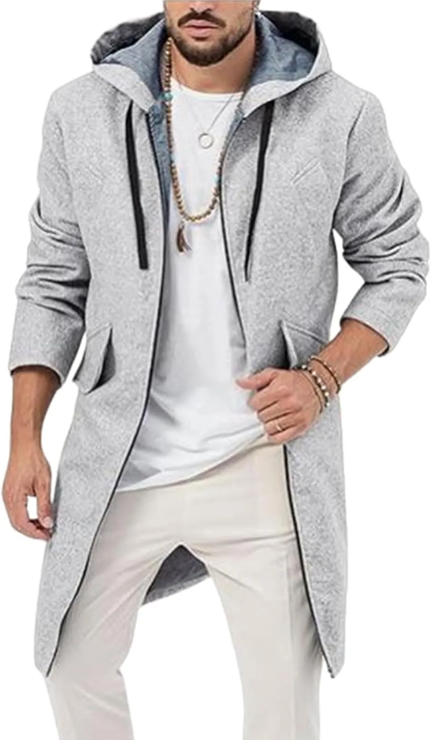 Mens Trench Coat Wool Blend Hoodie Long Jacket Full Zip Winter Classic Business Overcoat Fuzzy Warm Sweatshirt M-2XL