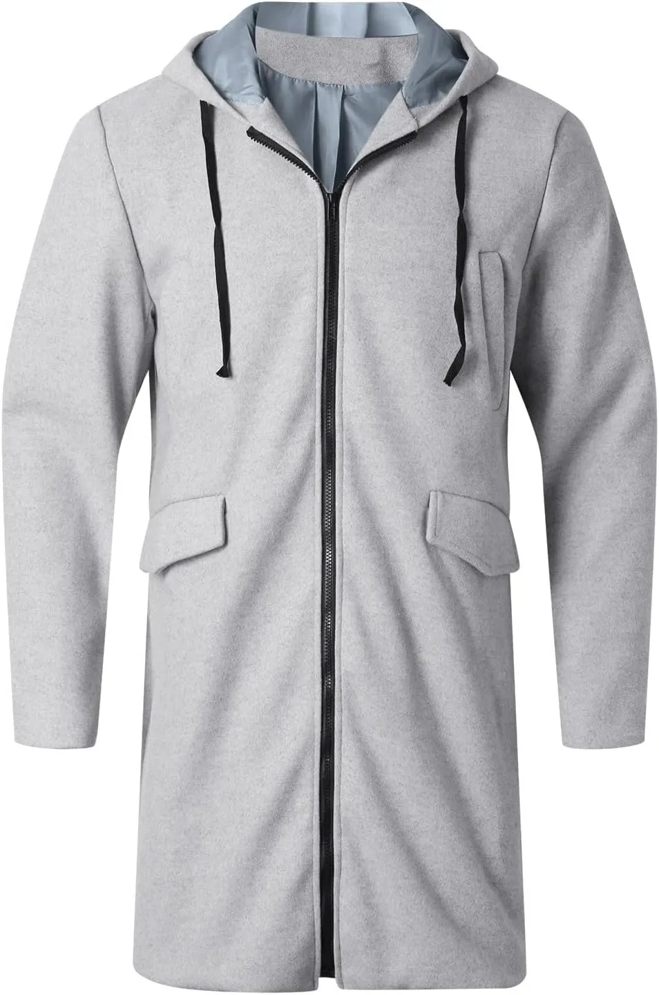 Mens Trench Coat Wool Blend Hoodie Long Jacket Full Zip Winter Classic Business Overcoat Fuzzy Warm Sweatshirt M-2XL