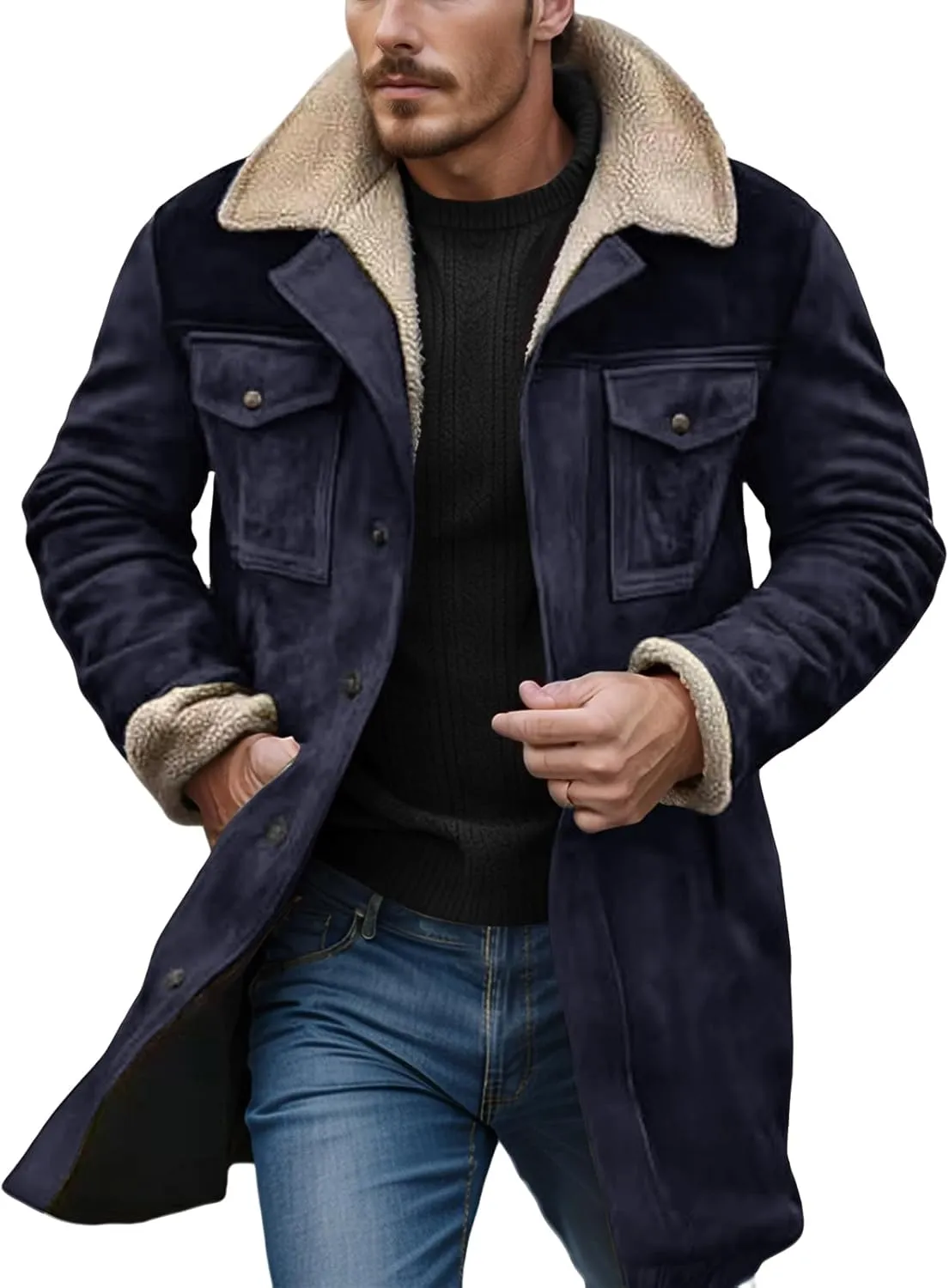 Men's Vintage Suede Jacket Faux Leather Jackets Plush Reversed Collar Coats Western Motorcycle Coat Retro Outwear