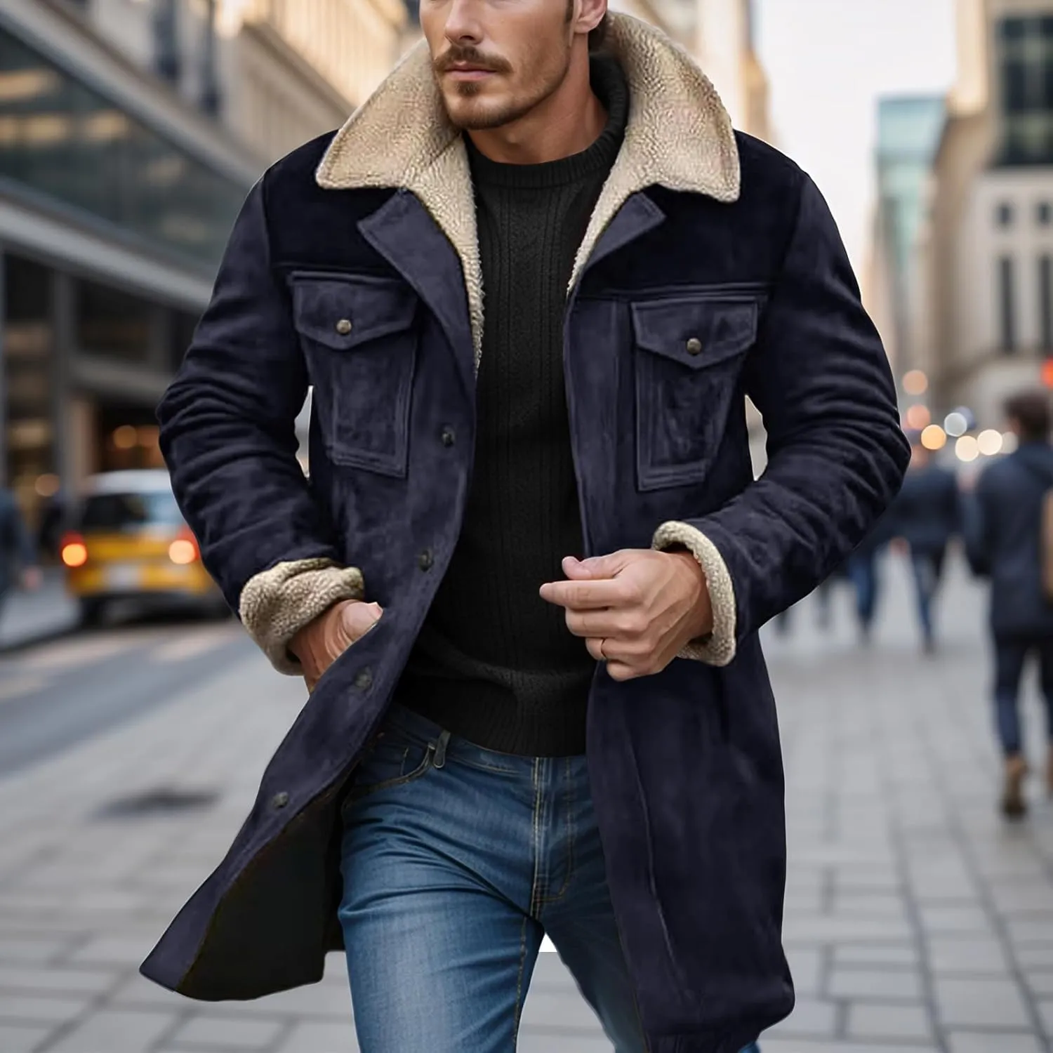 Men's Vintage Suede Jacket Faux Leather Jackets Plush Reversed Collar Coats Western Motorcycle Coat Retro Outwear