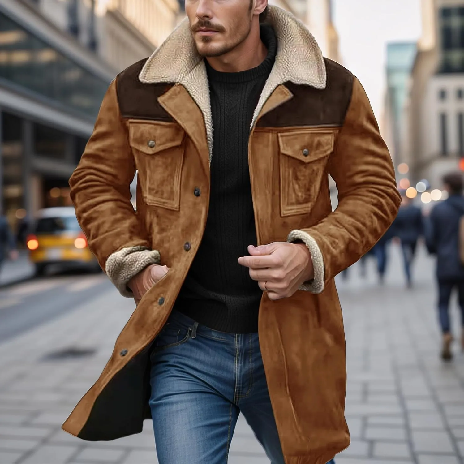 Men's Vintage Suede Jacket Warm Plush Collar Faux Leather Jacket Motorcycle Zip Up Winter Coat Big and Tall Trench Coat
