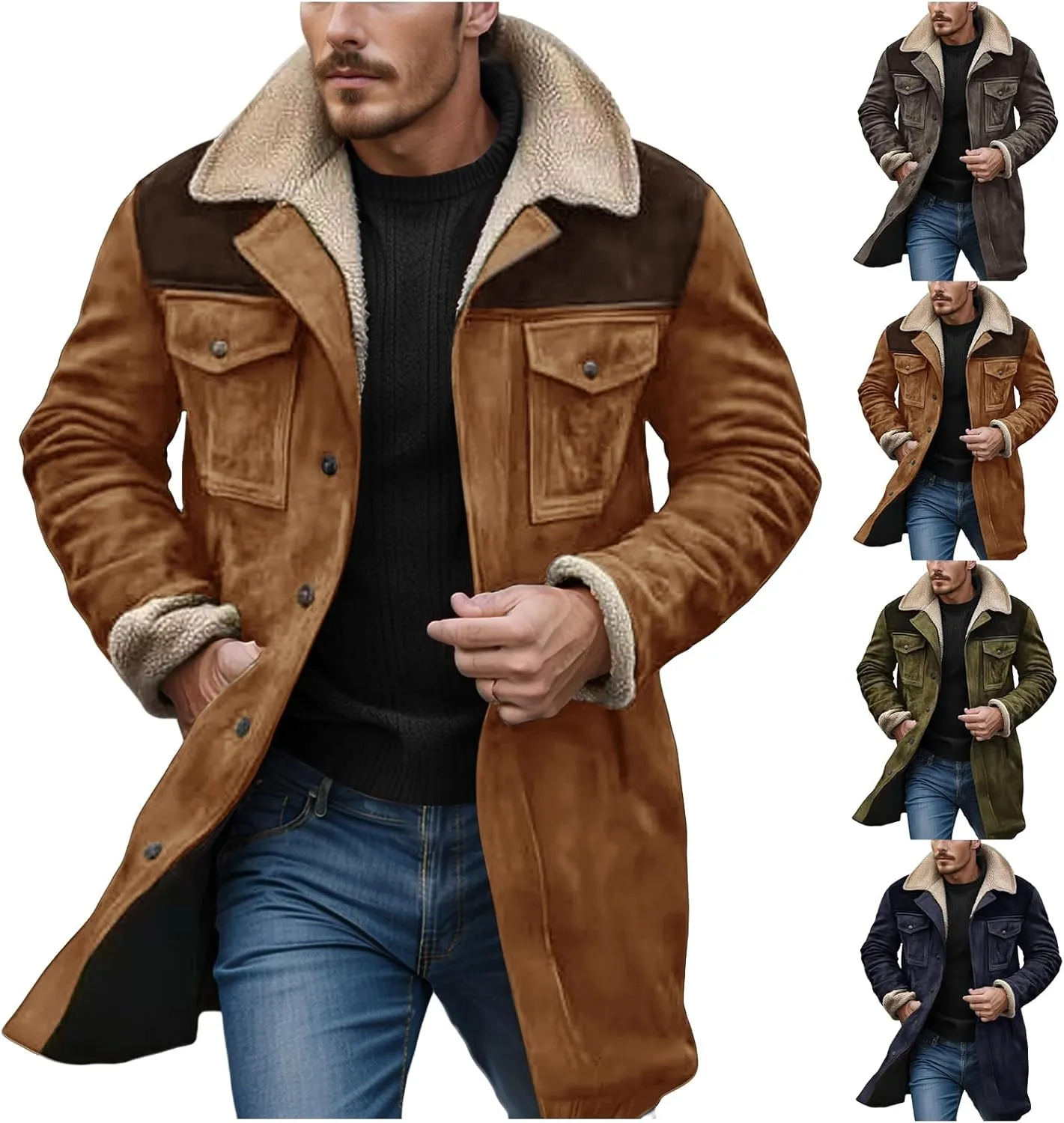 Men's Vintage Suede Jacket Warm Plush Collar Faux Leather Jacket Motorcycle Zip Up Winter Coat Big and Tall Trench Coat