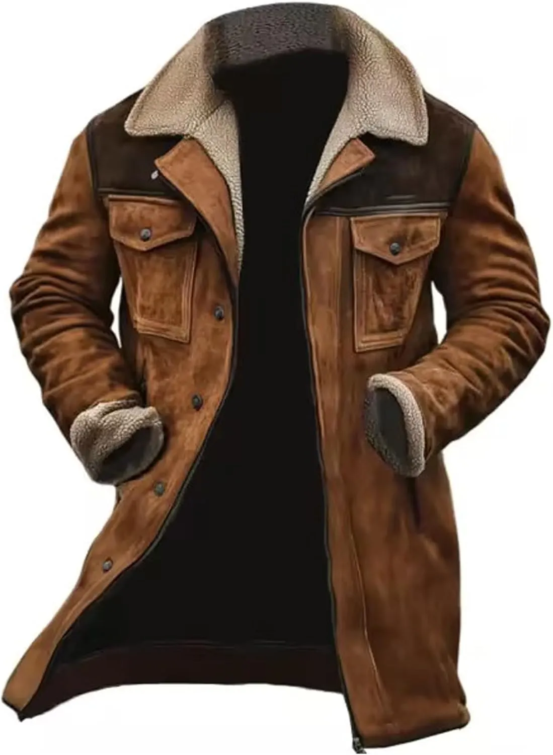 Men's Vintage Suede Jacket Warm Plush Collar Faux Leather Jacket Motorcycle Zip Up Winter Coat Big and Tall Trench Coat