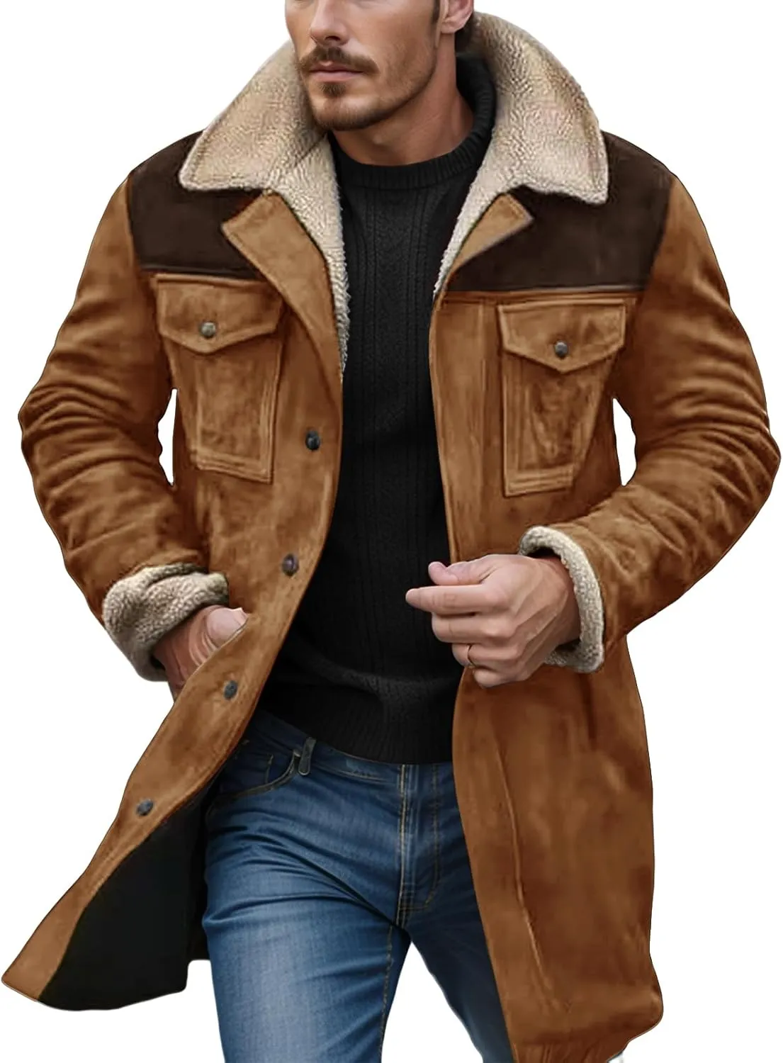 Men's Vintage Suede Jacket Warm Plush Collar Faux Leather Jacket Motorcycle Zip Up Winter Coat Big and Tall Trench Coat