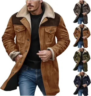 Men's Vintage Suede Jacket Warm Plush Collar Faux Leather Jacket Motorcycle Zip Up Winter Coat Big and Tall Trench Coat