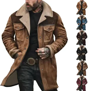 Men's Vintage Suede Jackets Fashion Plush Collar Western Cowboy Coats Distressed Faux Leather Motorcycle Jackets
