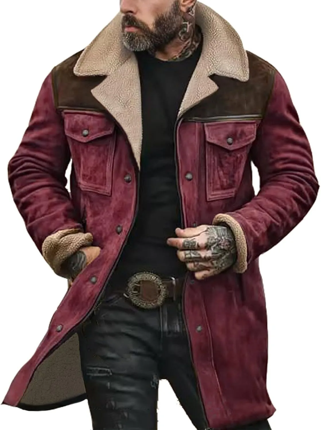 Men's Vintage Suede Jackets Fashion Plush Collar Western Cowboy Coats Distressed Faux Leather Motorcycle Jackets