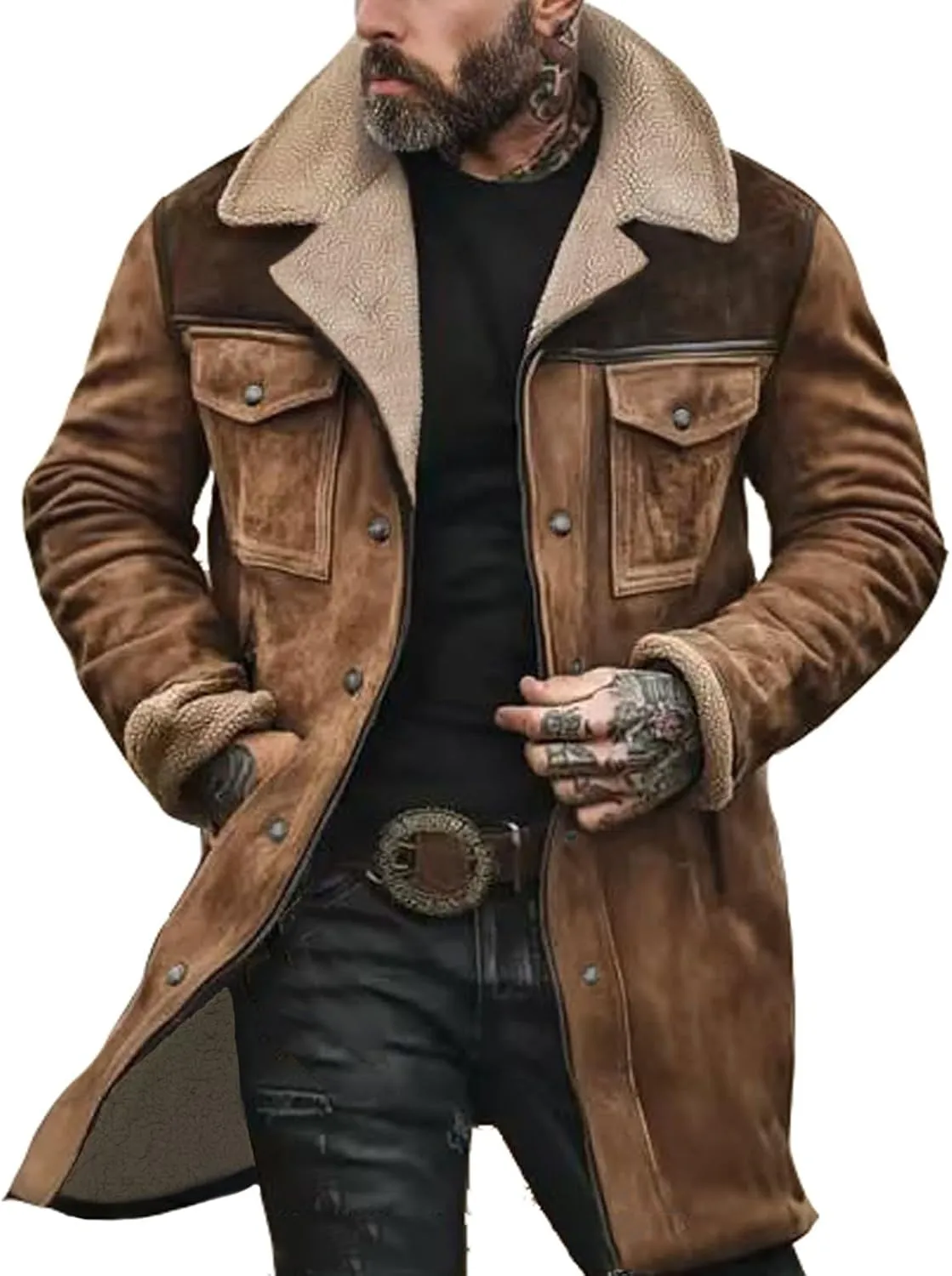 Men's Vintage Suede Jackets Fashion Plush Collar Western Cowboy Coats Distressed Faux Leather Motorcycle Jackets